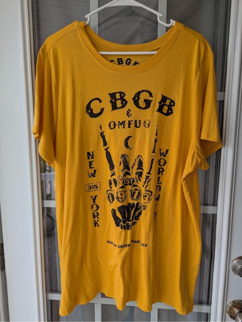 CBGB OMFUG Shirt Wm 2XL Yellow Punk Rock Goodie Two Sleeves Music Band Tee Plus - Picture 2 of 6